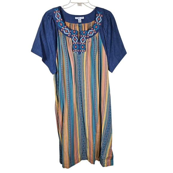 Go Softly Patio Dress 1X Southwestern Embroidered Pullover Pockets Boho Aztec - Picture 1 of 9